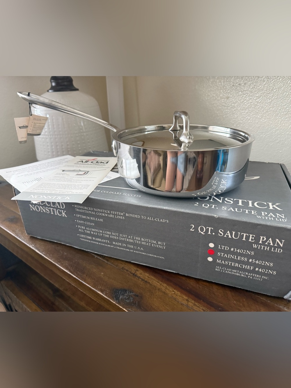 New All-Clad Nonstick Stainless Steel 2 Qt Sauté Pan with Lid 5402NS Oldstock